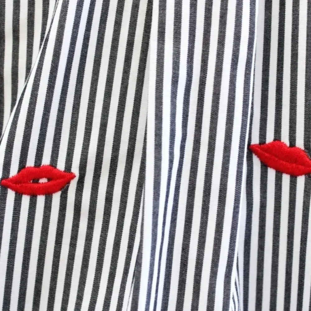 J. Crew Gray Striped Classic Boy Shirt Embroidered Kisses valentine's Day size 2